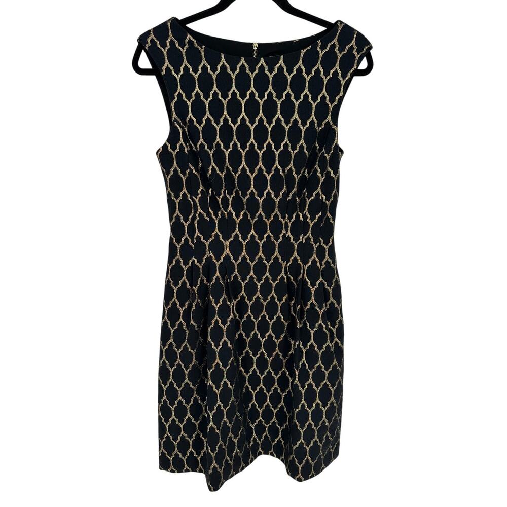 Vince Camuto Black Gold Metallic Geometric A-Line Dress Cocktail Party Vacay 6